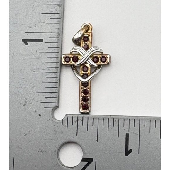 Vintage Faux Garnet Cross Pendant Gold Tone with Silver Tone Heart Design - Picture 3 of 6
